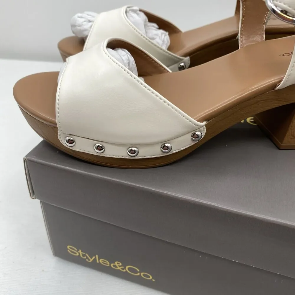 Style & Co. Womens Anddreas Faux Leather Heel Sandals White 6.5 Medium (B,M)